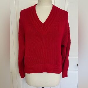 Red V-Neck Relaxed Oversized 100% Cotton J Crew Pullover Sweater XS